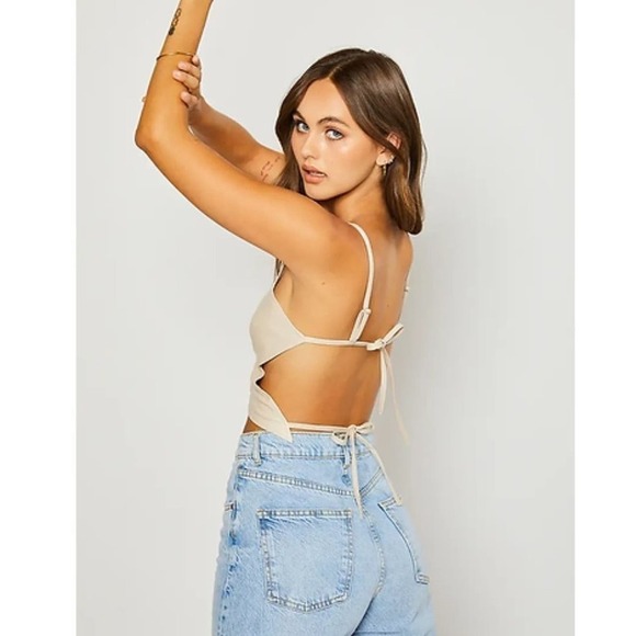 Pretty Garbage Women’s Tan Faux Leather Open Back Crop Top - Picture 3 of 7